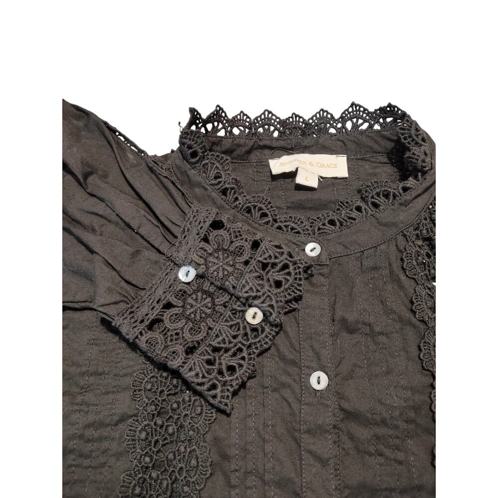 Jennifer & Grace Blouse Lace Trim Eyelet Prairie Black Women Large Boho Romantic - Picture 8 of 9